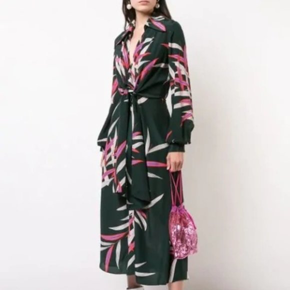 $468 DIANE VON FURSTENBERG QUINCY HUNTER PALM LEAVES SILK WRAP EFFECT MIDI DRESS - Picture 2 of 16